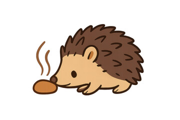 Hedgehog cartoon character smelling food on transparent background