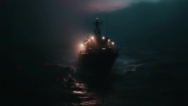Navigating the Tempest: A vessel battles the tumultuous sea, its lights piercing through the encroaching darkness of the storm, as it navigates the dangers of the vast ocean.