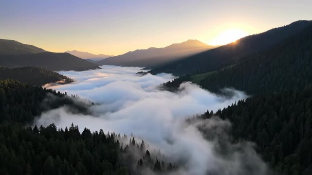 Valley of Serenity: An awe-inspiring aerial vista unveils a mountain valley swathed in a sea of clouds, with the sun rising, painting the scene with warm hues. 