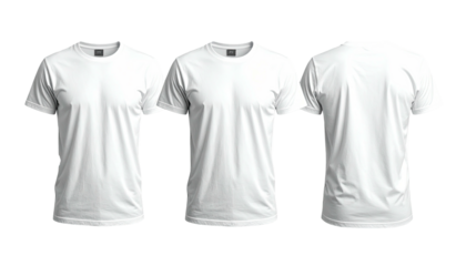 Three white t-shirts front, slightly angled, and back