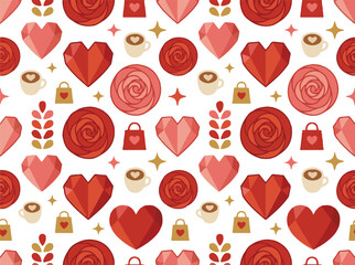 Valentines Day Pattern with Hearts Roses and Festive Elements.