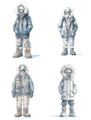Set of winter explorers in heavy parkas boots and goggles, watercolor style arctic characters in cold weather clothing, snow adventure illustration on white background.