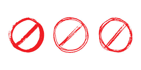 Set of hand drawn prohibition sign No entry symbol Red circle with cross line clipart in doodle style Ban Restriction Forbidden stop Single element for print, web, design