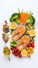 Healthy Food Composition with Salmon, Vegetables, and Nuts.