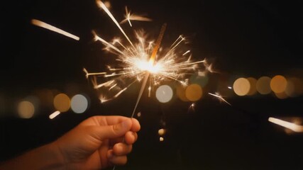 Hand Holding Burning Sparkler at Night with Golden Sparks and Bokeh Lights. - Powered by Adobe