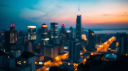 Blurred cityscape at sunset with skyscrapers and city lights.