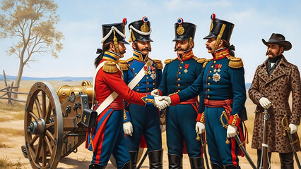 Military officers in historical uniforms with a cannon and a horse drawn carriage