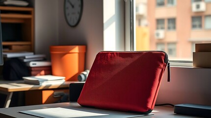 Red laptop case on desk near window with office objects.