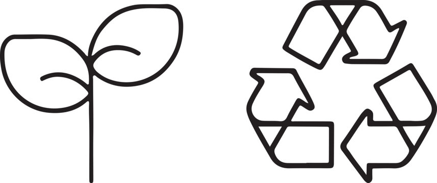 Simple line drawing of a sprouting plant and a recycling symbol seedling growth
