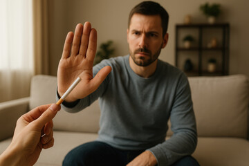 Man rejecting cigarette with hand gesture showing refusal and healthy lifestyle choice no smoking awareness campaign indoor living room setting