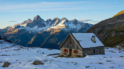 Snowy mountain cabin in scenic winter alpine landscape