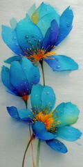 Watercolor Painting of Blue Flowers with Orange Centers and Water Droplets on a Textured White Background, Delicate Floral Art