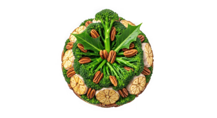 Food composition with broccoli and pecans isolated on transparent background