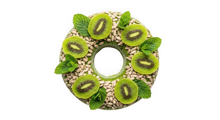 Kiwi cake with sunflower seeds and mint isolated on transparent background