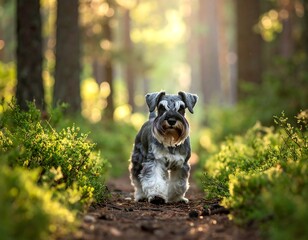 A small, gray and black dog walking on a sunlit forest trail