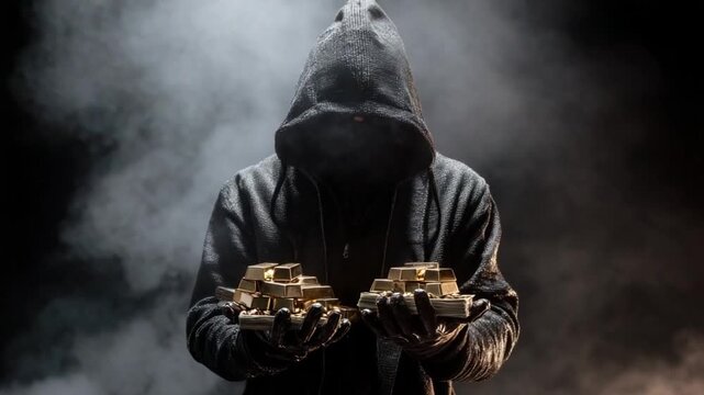 Mystery with Gold Bars: A hooded figure is shrouded in shadow and smoke, holding two gold bars. The scene evokes a sense of secrecy, illicit wealth, and suspense.