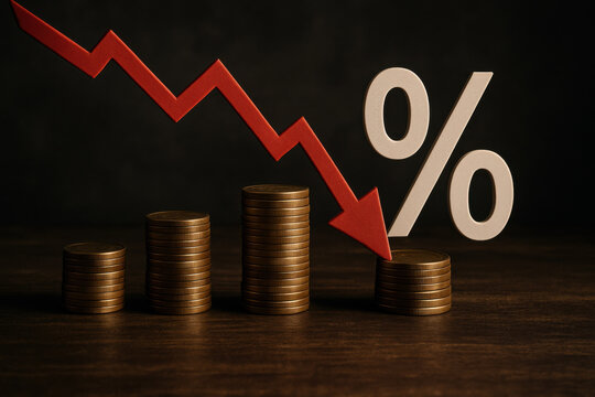 Stacks of coins with falling red zigzag arrow and percentage sign on dark background symbolizing financial crisis and market downturn concept with dramatic lighting