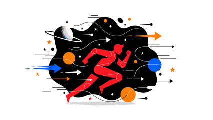 Obraz premium Accelerated Progress Concept Energetic Runner Navigating Cosmic Pathways in Flat Design