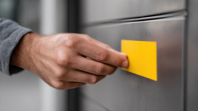 Hand yellow sticker locker metal panel install caution feeling steady