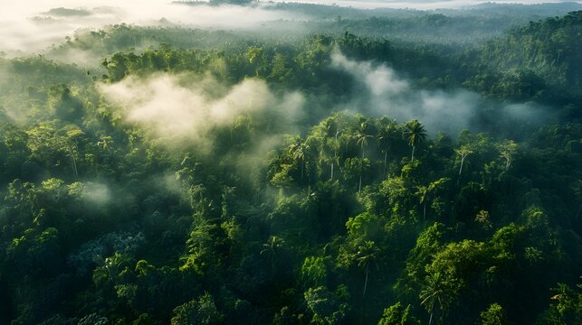 Aerial view of lush green jungle canopy with morning mist