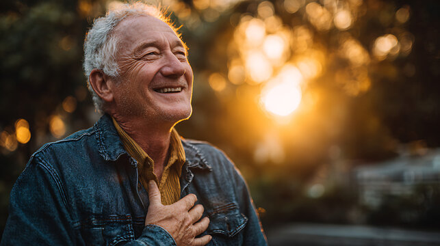 elderly man with hand on chest smiling warmly in golden hour park environment representing gratitude happiness and calm life