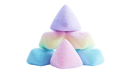 Colorful pastel pyramid-shaped marshmallows isolated on white background
