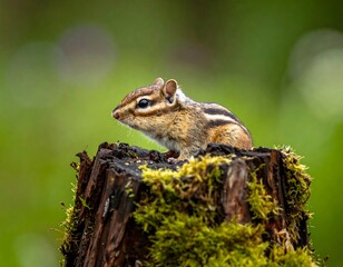 A small rodent with stripes perches atop a mossy, decayed stump