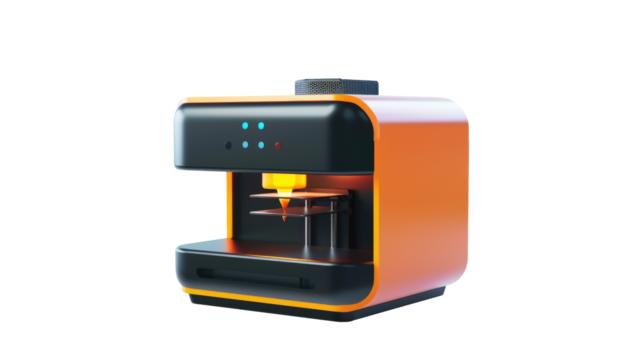 Compact modern 3D printer in orange and black isolated on white background