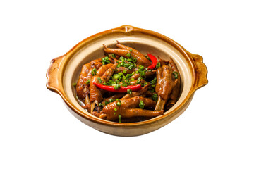 Braised chicken feet with chili pepper in clay pot isolated on white background
