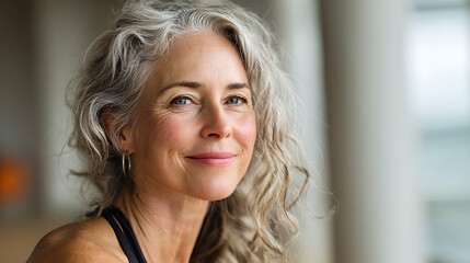mature woman with gray hair smiling in yoga studio portrait showing active fitness healthy lifestyle natural aging and wellness concept