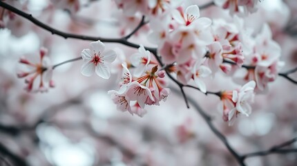 Close-up of beautiful pink and white cherry blossoms on branches.