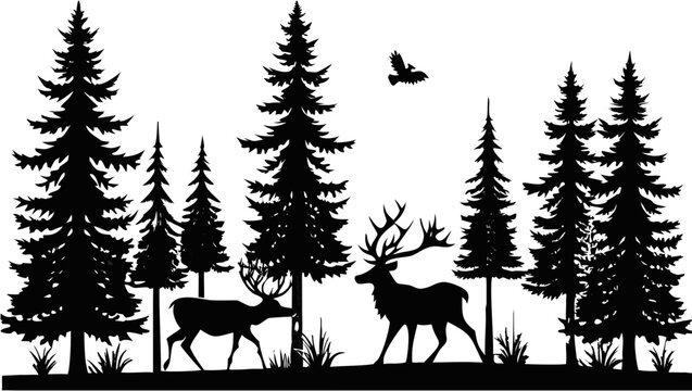Stunning silhouette of majestic deer in evergreen forest, evokes tranquility and wildlife adventure, originally a scalable graphic for versatile design use