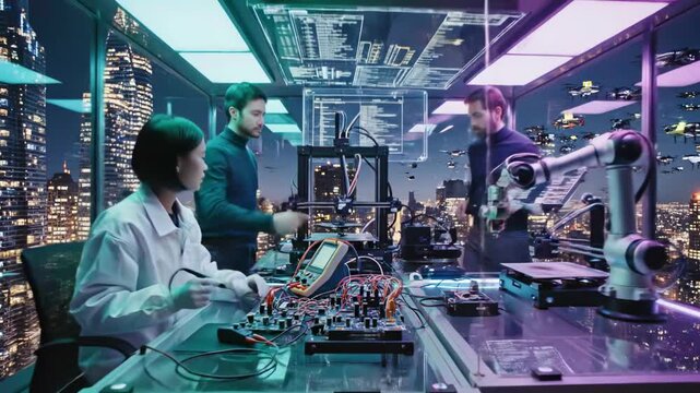 Futuristic tech lab scene with diverse team, 3D printing, robot arm, drones, city view