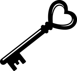 Black silhouette of a vintage key with a heart shaped bow.