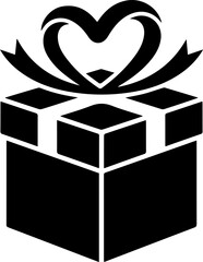A black and white illustration of a gift box with a heart-shaped ribbon.