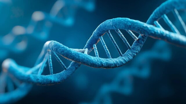 Stunning close-up of a blue DNA double helix on a blue background, symbolizing genetics and biotechnology.