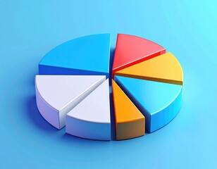 Colorful 3D pie chart segments on bright blue backdrop