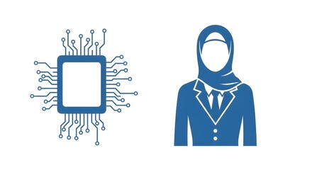 Digital progress and female leadership Microchip and business professional illustration