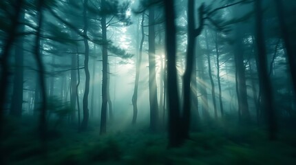 Sun rays pierce through the misty forest trees.