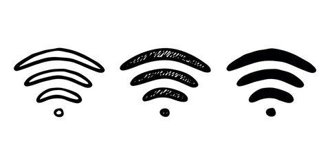 Set of hand drawn free wifi spot zone sign Public wi-fi area sign Wireless internet clipart in doodle style Single element for print, web, design, decor 3G, 4G, 5G, 6G, IoT