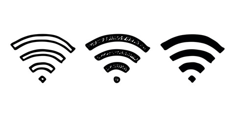 Set of hand drawn free wifi spot zone sign Public wi-fi area sign Wireless internet clipart in doodle style Single element for print, web, design, decor 3G, 4G, 5G, 6G, IoT