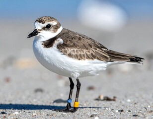 A small shorebird with a brown back and white belly, stands at the beach