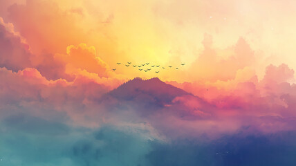 霞んだ山と流れる雲、そして光が織りなす静寂の風景。空のグラデーションが印象的な、自然の美しさを感じさせるイラスト素材。