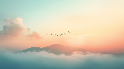 空一面に広がる雲の層とやわらかな日差しが作り出す幻想風景。遠くに浮かぶ山並みが優雅な雰囲気を添える心安らぐイラスト。
