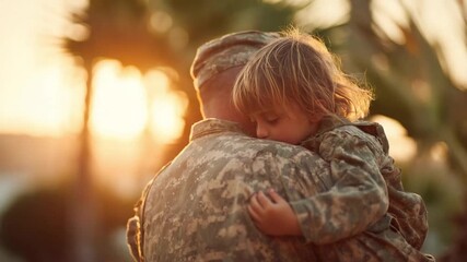 A Father's Embrace: A soldier's tender embrace with child, embodying love and connection amid the backdrop of a setting sun.