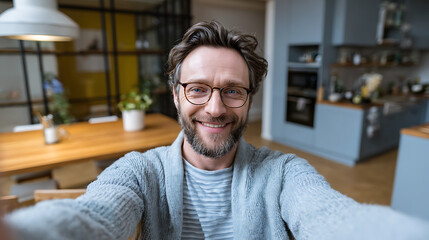 Fototapeta premium smiling male taking a selfie with smartphone at home in modern kitchen portrait showing relaxed happy lifestyle and contemporary living space