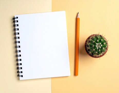 Notepad, pencil, cactus on beige and yellow background