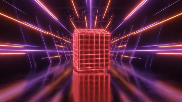 Abstract neon wireframe cube in a dark tunnel with glowing orange and purple laser light beams creating a retro future effect