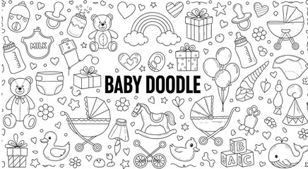 Baby doodle illustration, nursery theme vector art with pacifier, teddy bear, stroller, baby bottle, rocking horse, diaper, rainbow, balloons, cute sketch icons
