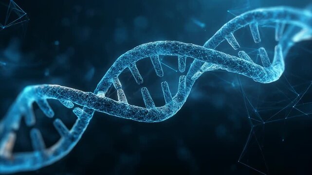 Stunning 3D representation of DNA helix with glowing blue connections showcasing genetic science and biotechnology
